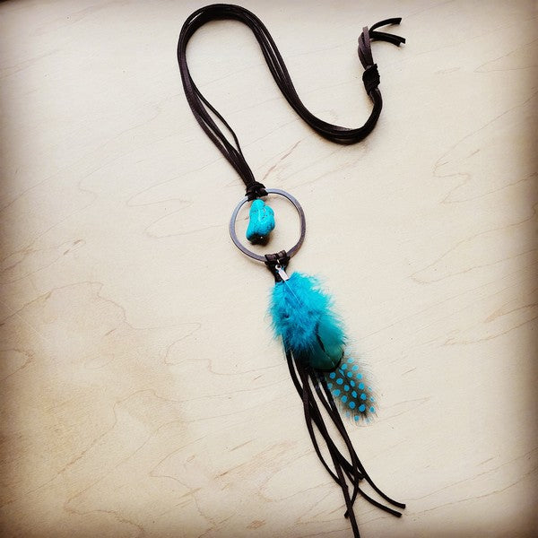Brown Leather Necklace With Turquoise Chunk & Feather