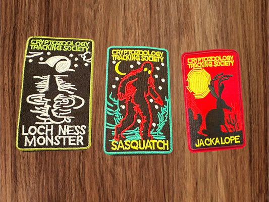 Cryptozoology Tracking Society Iron On Patches (Sasquatch, Loch Ness, Jackalope)