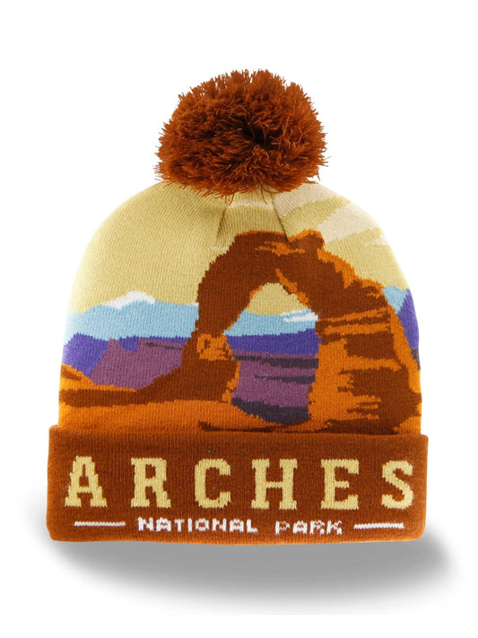 Arches National Park Beanie Hat with Delicate Arch Sunset Knit Pom Winter Cap - Wander Together Outfitters