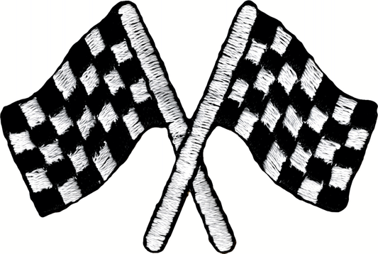 Crossed Checkered Racing Flags in Black And White Iron On Patch