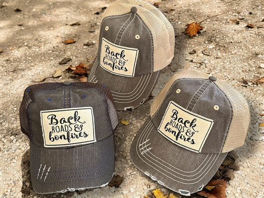 “Back Roads & Bonfires” Distressed Trucker Cap - Wander Together Outfitters