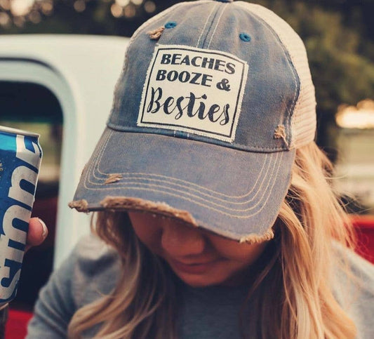 “Beaches Booze & Besties” The Perfect Summer Distressed Cap - Wander Together Outfitters