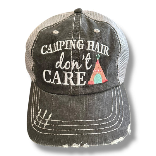 “Camping Hair Don’t Care” Distressed Embroidered Cap - Wander Together Outfitters