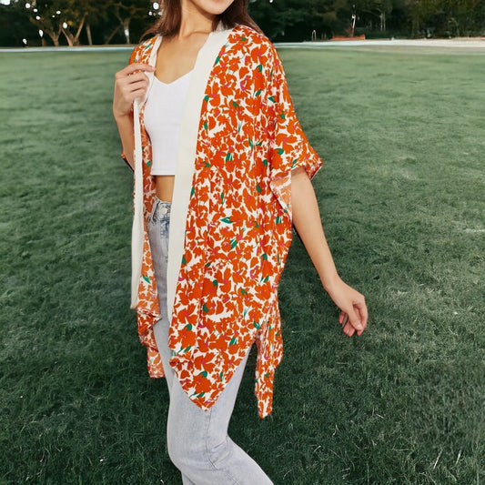 Citrus Blossom Floral Contrast Trim Kimono - Wander Together Outfitters