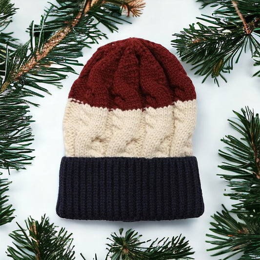 Cozy Thick Knit Zigzag Beanie - Maroon & Blue (SALE) - Wander Together Outfitters