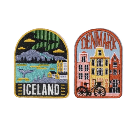 Denmark and Iceland Travel Themed Iron On Embroidered Patches - Wander Together Outfitters