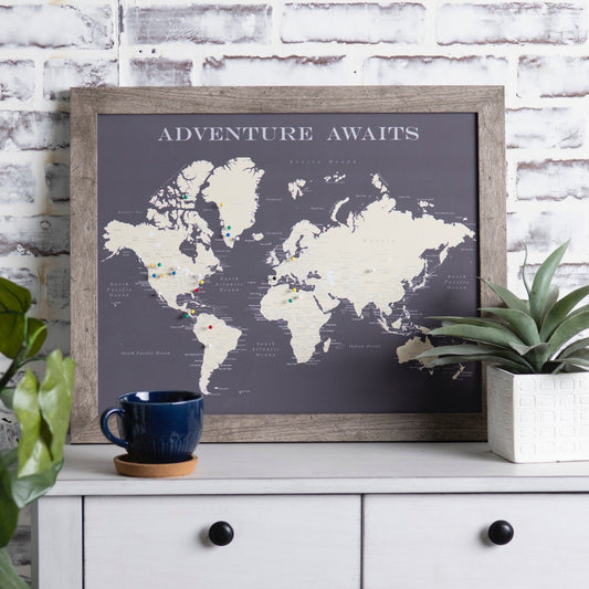Framed World Push Pin Map (Charcoal Grey) with Frame - Wander Together Outfitters