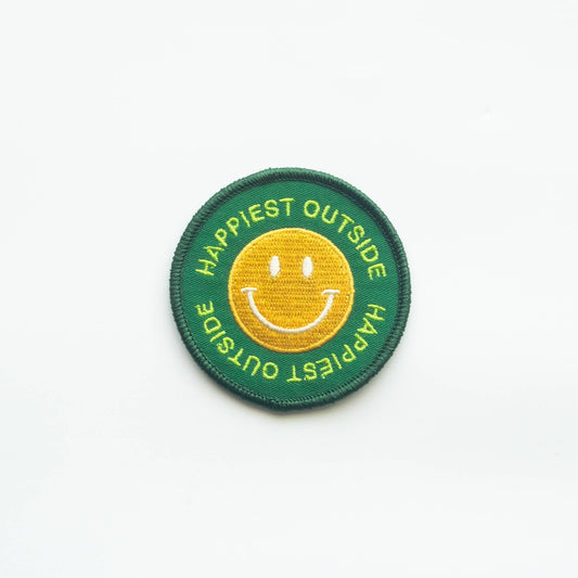 "Happiest Outside" Embroidered Iron On Smiley Face Patch - Wander Together Outfitters