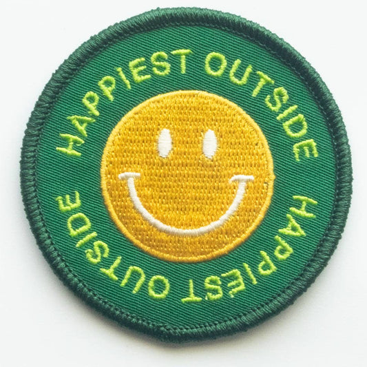 "Happiest Outside" Embroidered Iron On Smiley Face Patch - Wander Together Outfitters