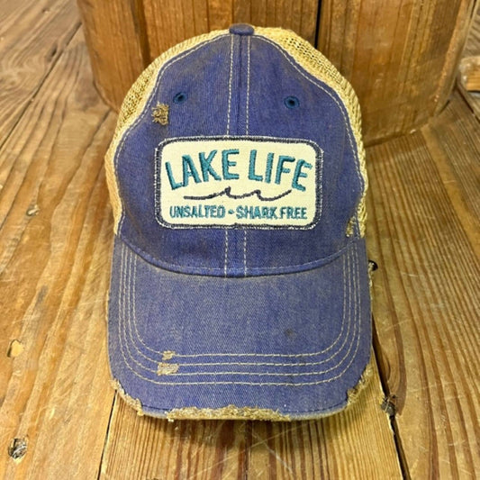 "Lake Life - Unsalted - Shark Free" Unisex Distressed Hat - Wander Together Outfitters