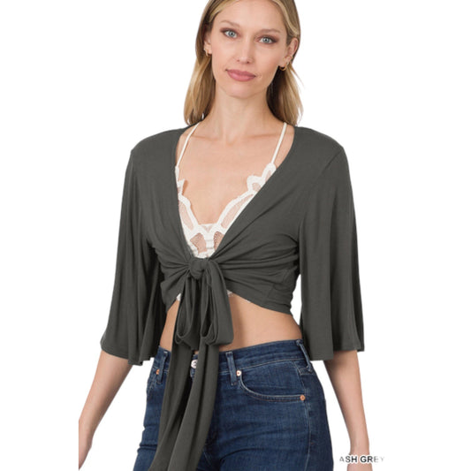 Luxe Rayon Tie Front Cropped Top: Black, Ash Gray, Ruby, Pink (Last Chance) - Wander Together Outfitters