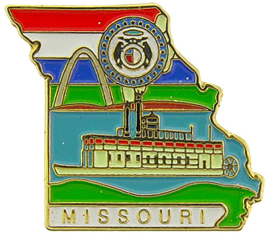 A Missouri-shaped enamel pin featuring the state flag colors, a riverboat on the Mississippi River, the Missouri Arch, and the word MISSOURI at the bottom.
