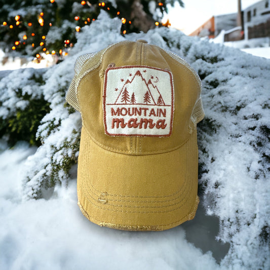 "Mountain Mama" Embroidered Patch Distressed Cap (CLEARANCE) - Wander Together Outfitters