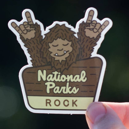 "National Parks Rock " Happy Bigfoot Vinyl Sticker - Wander Together Outfitters