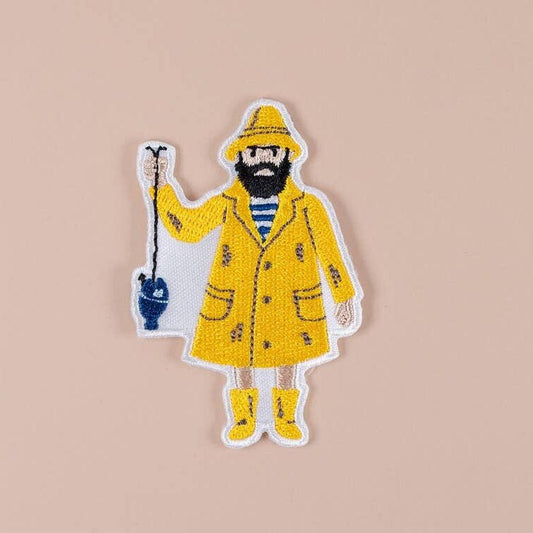Old Salty Fisherman with Yellow Raincoat Embroidered Iron On Patch - Wander Together Outfitters