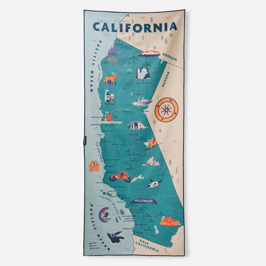 Map of California with illustrations on a white background. We dubbed our original towel as The Only Towel You Need® because it is a high-performance, recycled towel perfect for travel, beach, yoga, & more. It is designed to be versatile without sacrificing performance, so you can own less & do more.
Crafted from a 90/10 post-consumer recycled polyester/nylon blend, it features MicroTerry™ Technology for fast drying, strong absorption, and a soft feel. It dries 4x faster than traditional cotton ter