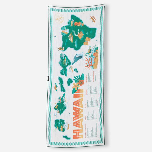 Towel with a colorful map of Hawaii design on a white background