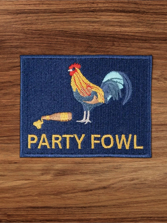 “Party Fowl” Embroidered Iron - On Patch with Rooster and Beer - Wander Together Outfitters