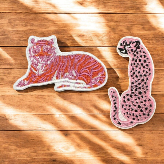 Pink Tiger & Cheetah Embroidered Iron - On Patch for Hats, Clothing - Wander Together Outfitters