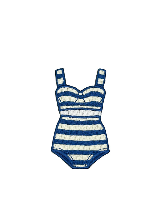 Preppy Striped Bikini Swimsuit Iron On Patch, Navy Cream Coastal Swimsuit - Wander Together Outfitters