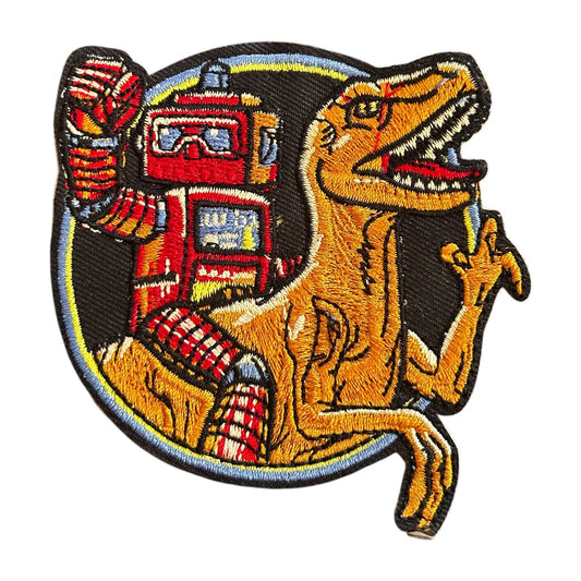 Robot Riding Dinosaur Iron On Patch - Wander Together Outfitters