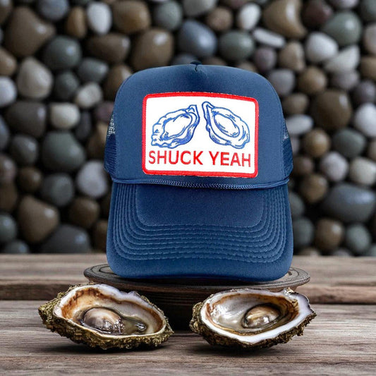 "Shuck Yeah "Embroidered Patch Navy Trucker Hat (Oyster) - Wander Together Outfitters
