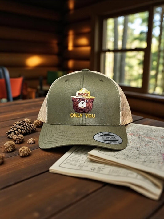 Smokey Bear Snapback Cap – Classic Mesh Trucker Style (Various Colors) - Wander Together Outfitters