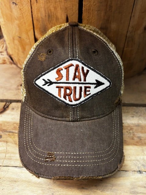 "Stay True" Distressed Tan Mesh Snapback Baseball Cap (2 Colors) - Wander Together Outfitters