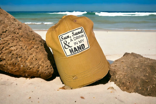“Sun, Sand & A Drink In My Hand” Distressed Trucker Cap - Wander Together Outfitters