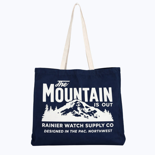 "The Mountain Is Out" Oversized Organic Tote Bag - Navy - Wander Together Outfitters