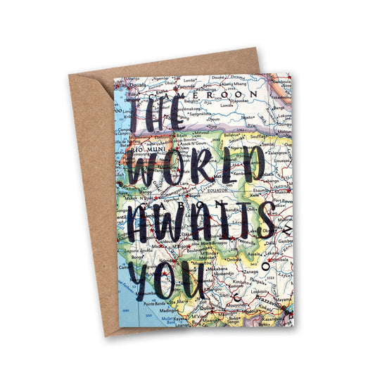 "The World Awaits You" Vintage Map Greeting Card - Wander Together Outfitters