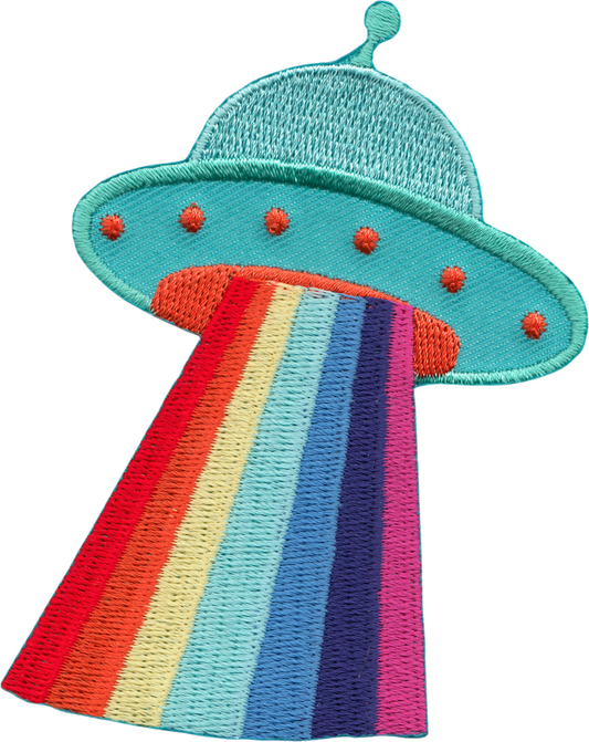 UFO With Space Rainbow Rays Iron On Patch - Wander Together Outfitters