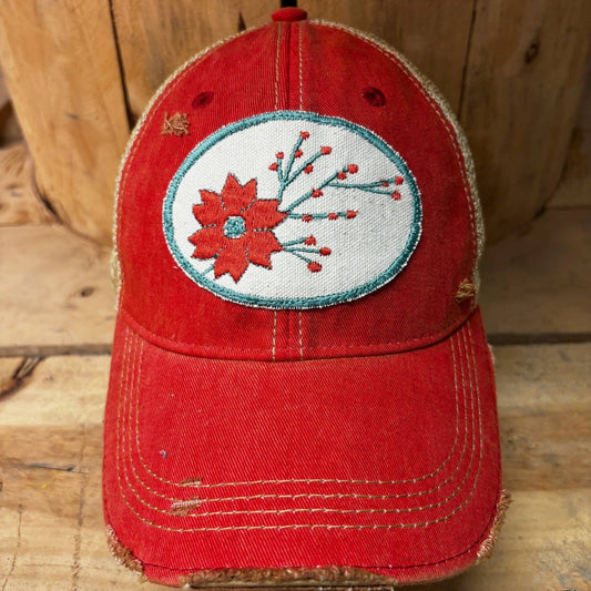 Winter Flower Poinsettia Distressed Cap - Wander Together Outfitters
