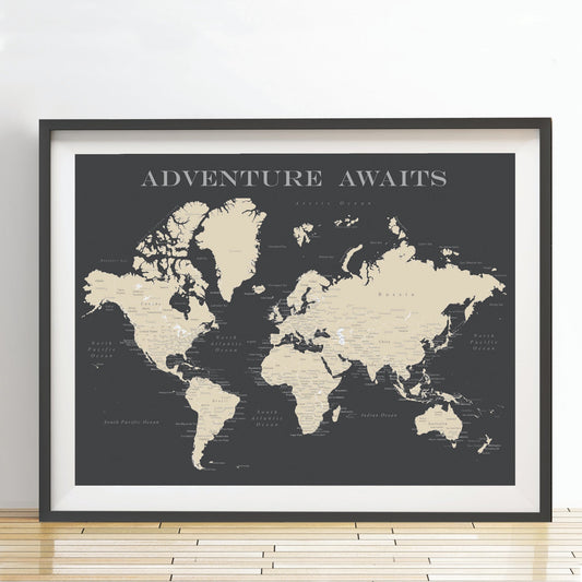 World Map Poster (Charcoal Grey) Unframed - Wander Together Outfitters