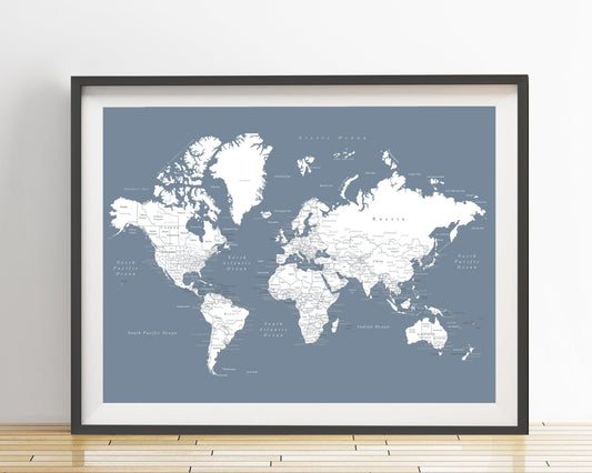 World Map Poster (Slate Blue) Unframed - Wander Together Outfitters