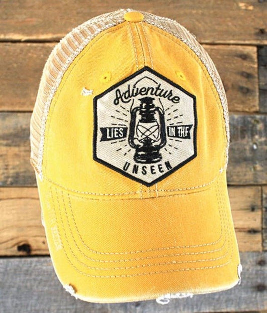 "Adventure Lies In The Unseen" Distressed Trucker Cap (Lantern) - Wander Together Outfitters