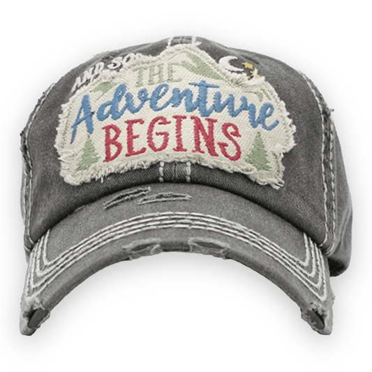 "(and so) The Adventure Begins" Embroidered Patch Distressed Cap (Black) - Wander Together Outfitters