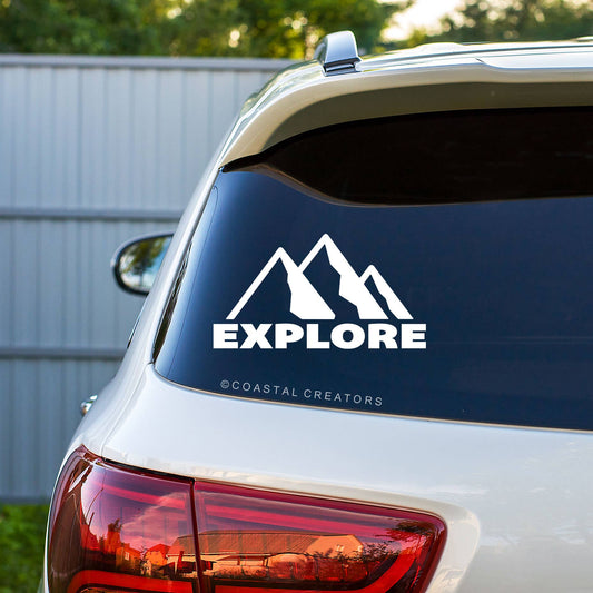 “Explore” with Mountains Vinyl Car Window Sticker Decal White - Wander Together Outfitters