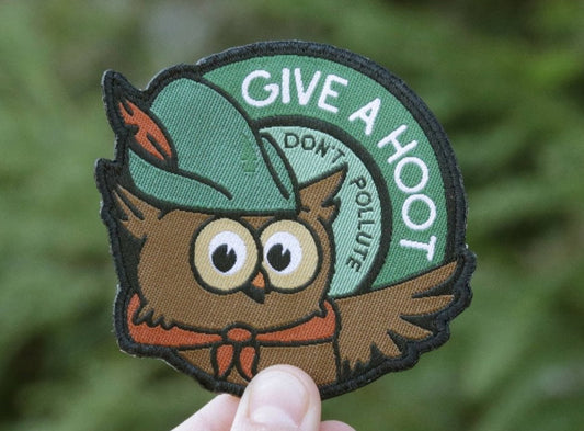 "Give a Hoot Don't Pollute" Woodsy Owl Iron on Woven Patch - Wander Together Outfitters