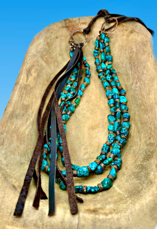 Long Triple Strand Natural Turquoise & Wood Necklace w/ Tassel (Clearance)