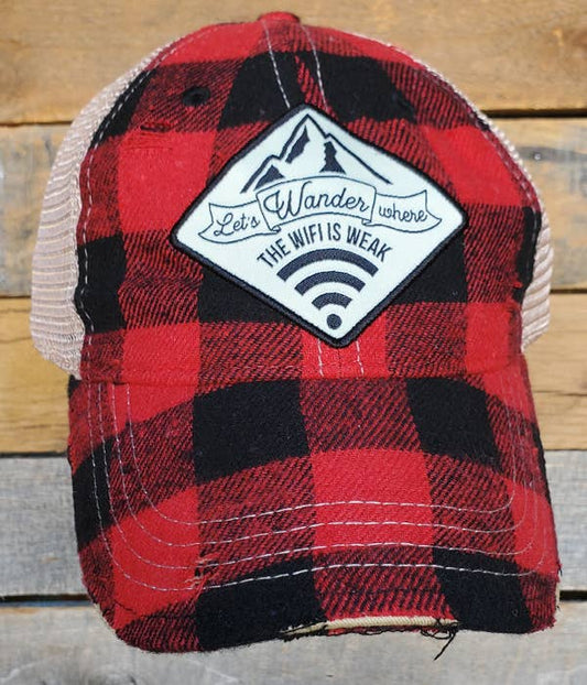 "Let's Wander Where The WiFi Is Weak" Buffalo Plaid Distressed Cap - Wander Together Outfitters