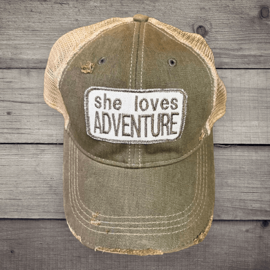“She Loves Adventure” Distressed Trucker Hat - Wander Together Outfitters