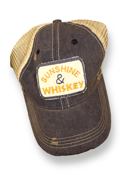 “Sunshine & Whiskey” Embroidered Patch Distressed Cap - Wander Together Outfitters