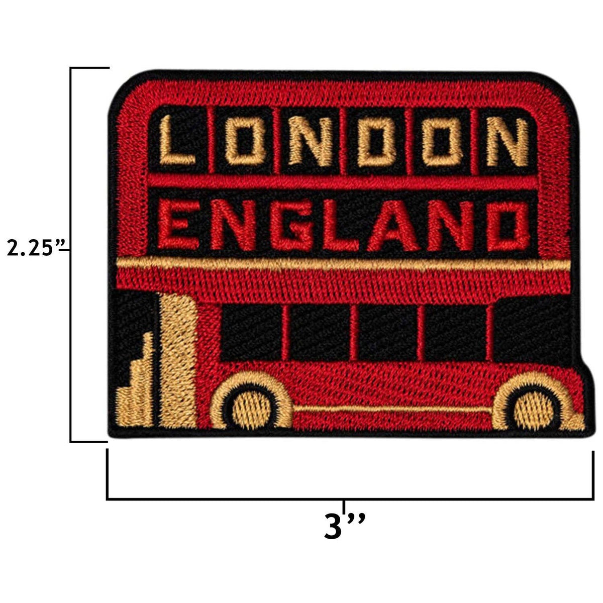 Embroidered patch of a red double-decker bus with 'London England' text, shown with dimensions.