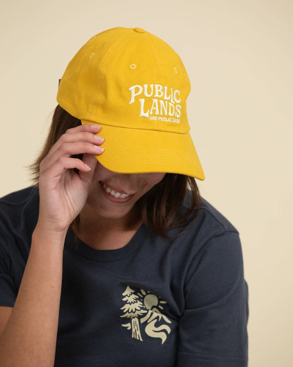 A woman wearing a bright yellow baseball cap with 'PUBLIC LANDS' embroidered in white on the front, holding the brim with one hand and smiling. She is wearing a navy blue t-shirt with a small graphic on the chest, set against a plain beige background.