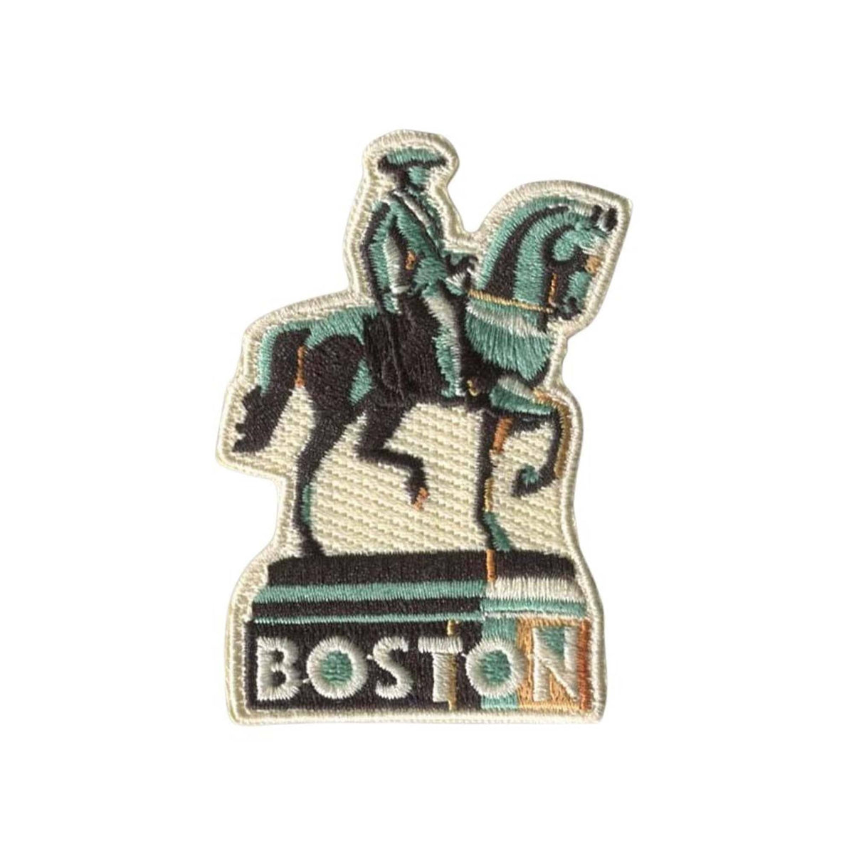 Embroidered patch with a rider on a horse and 'Boston' text on a white background