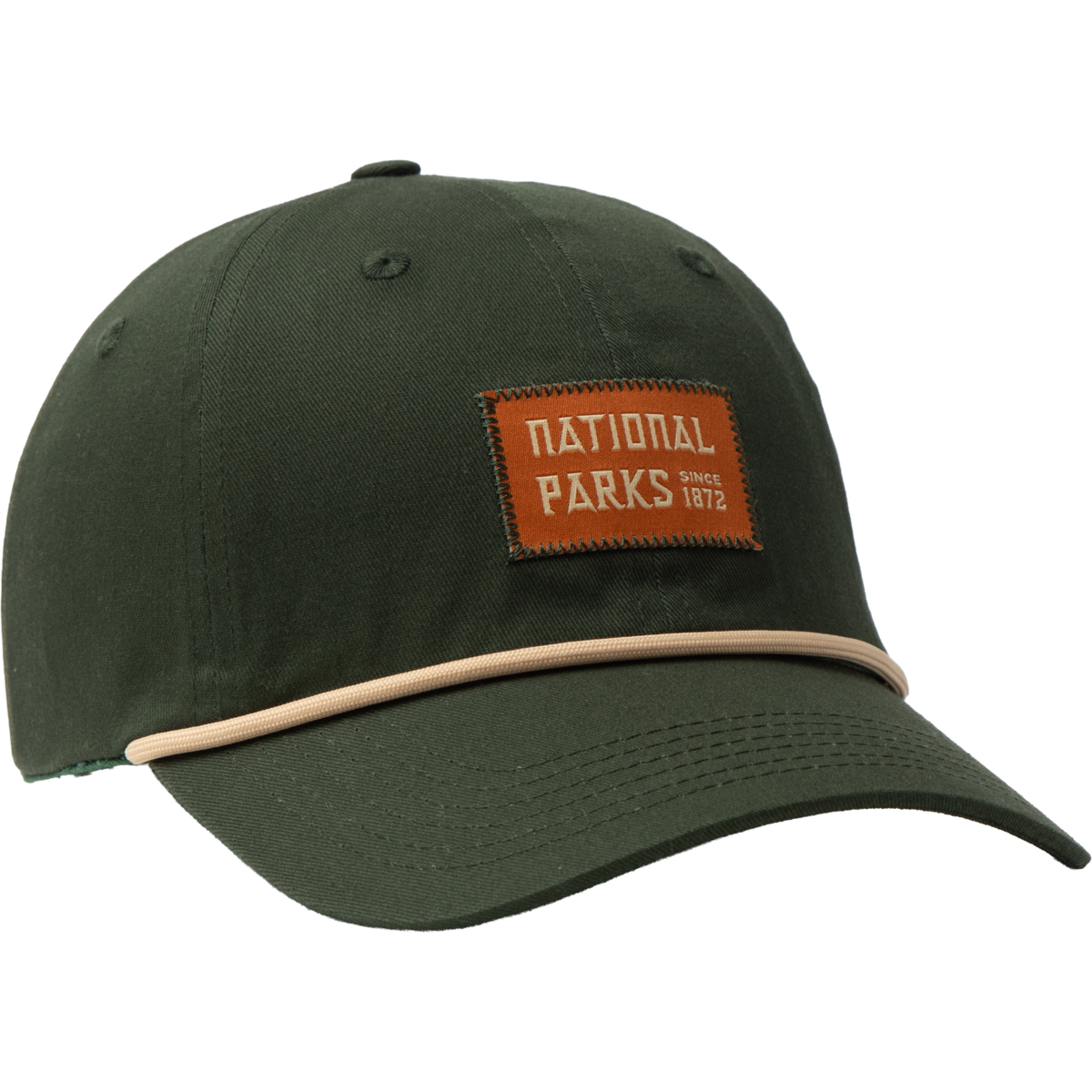 An olive green baseball cap with a curved brim, featuring a tan contrast stripe along the edge of the brim and a brown leather patch on the front that reads 'NATIONAL PARKS since 1972'.