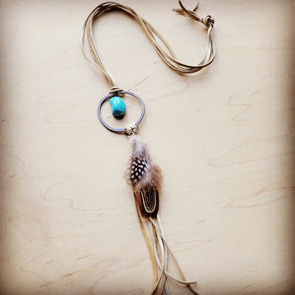 Leather Necklace w/ Blue Turquoise & Feather