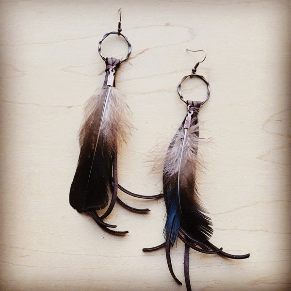 Brown Leather & Black Feathers Tassel Earrings