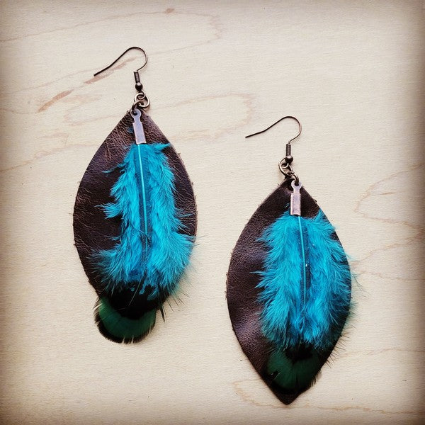 Black Leather Oval with Turquoise Feather Earrings